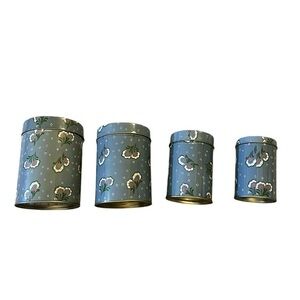 Vintage Set of 4 Floral Nesting Metal Tin Round Containers, Gray Pink & White